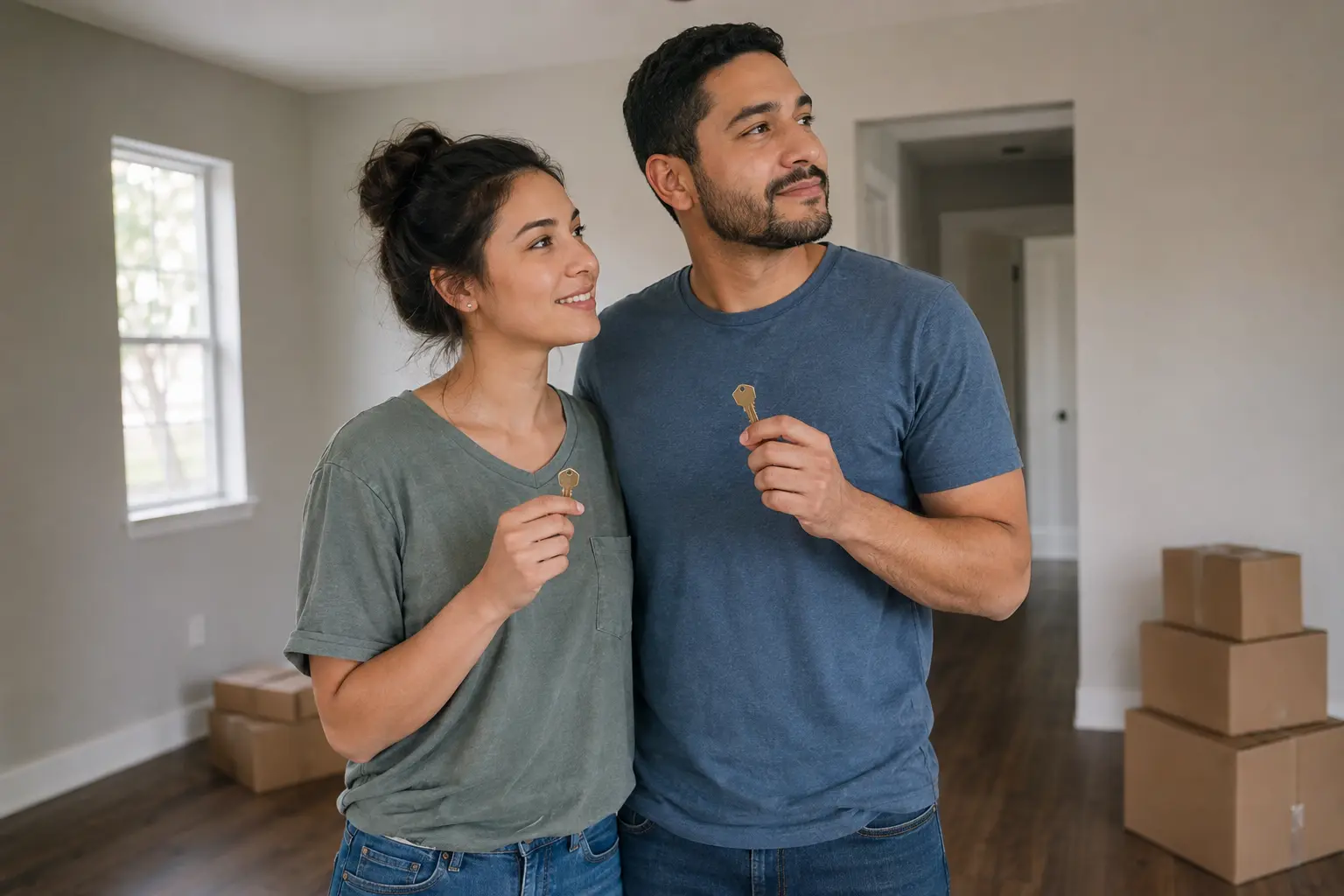 First-time buyers holding their key inside a new home
