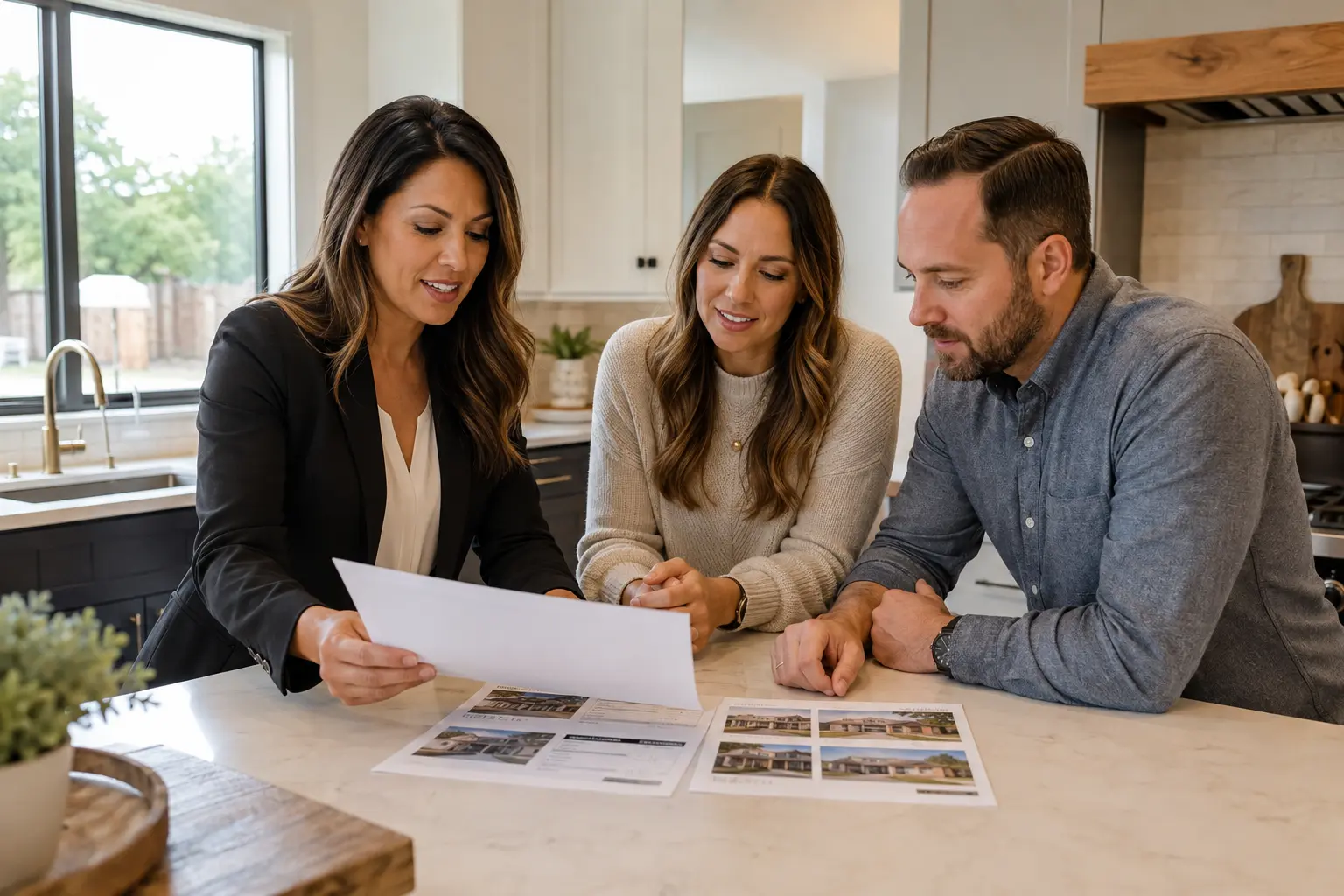 Home buyers reviewing a property comparison with their agent